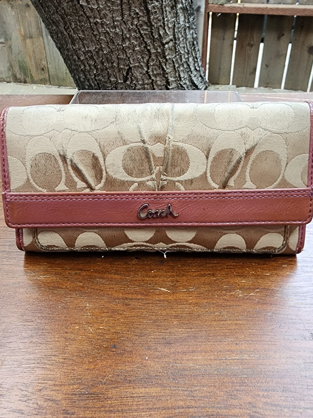 COACH Signature Jacquard TriFold Checkbook Wallet Tan Purple Leather Accent